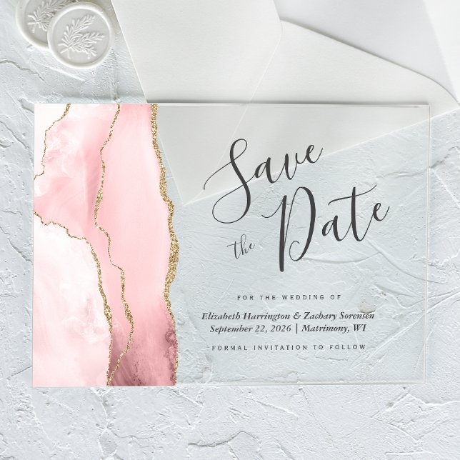 Modern Blush Pink Gold Agate Save the Date Card (Creator Uploaded)