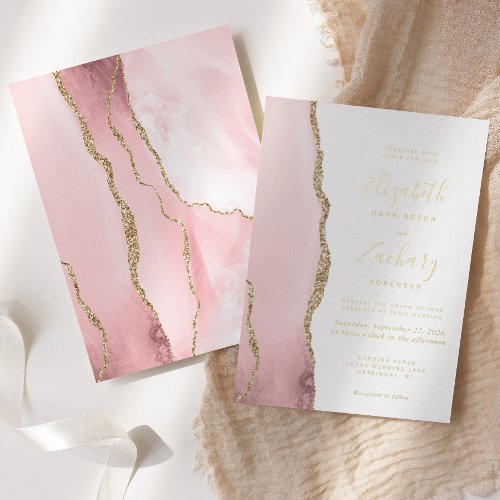 Modern Blush Pink Gold Agate Wedding Foil Invitation