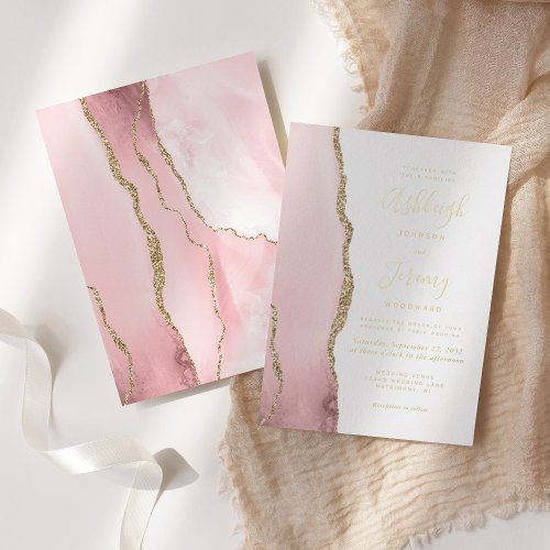 Modern Blush Pink Gold Agate Wedding Foil Invitation