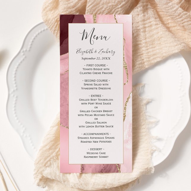 Modern Blush Pink Gold Agate Wedding Menu (Creator Uploaded)