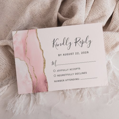 Modern Blush Pink Gold Agate Wedding RSVP Card