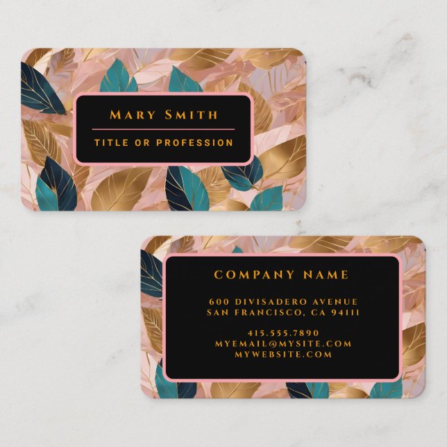 Modern Blush Pink Gold Boho Leaves Collection Business Card (Front/Back)