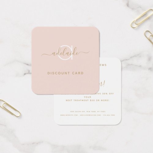 Modern Blush Pink Gold Chic Monogram Discount Card