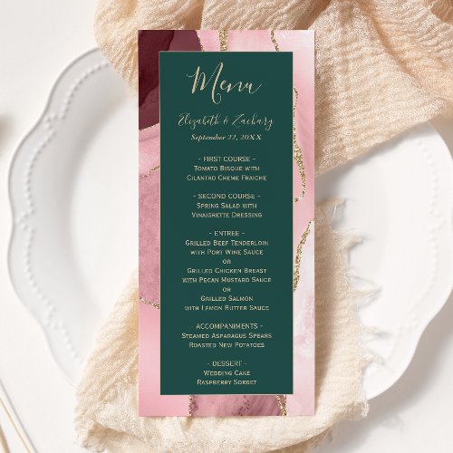 Modern Blush Pink Gold Emerald Green Agate Wedding Menu