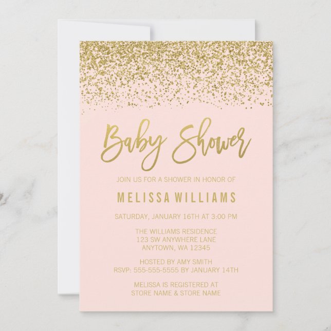 Modern Blush Pink Gold Faux Glitter Baby Shower Invitation (Front)