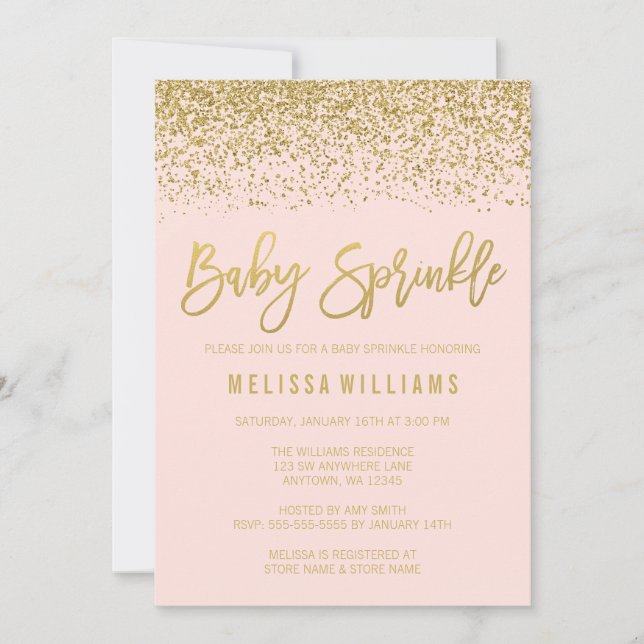 Modern Blush Pink Gold Faux Glitter Baby Sprinkle Invitation (Front)