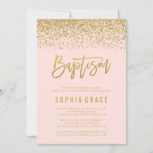 Modern Blush Pink Gold Faux Glitter Baptism Invite (Front)