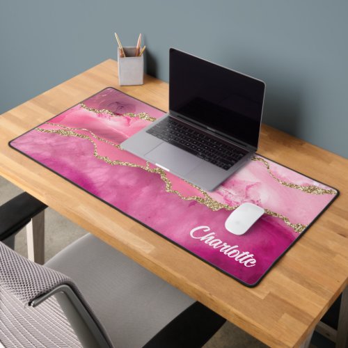 Modern Blush Pink Gold Glitter Agate Geode Name Desk Mat