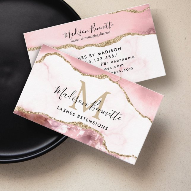 Modern Blush Pink Gold Glitter Agate Monogram Business Card (Creator Uploaded)