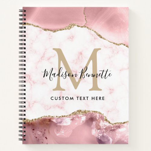 Modern Blush Pink Gold Glitter Agate Monogram Notebook