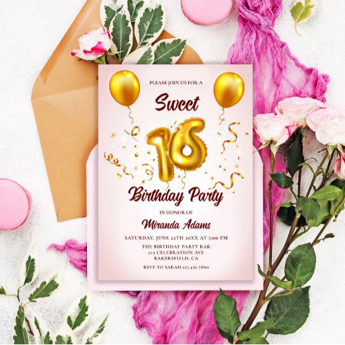 Modern Blush Pink Gold Glitter Balloons Sweet 16 Invitation