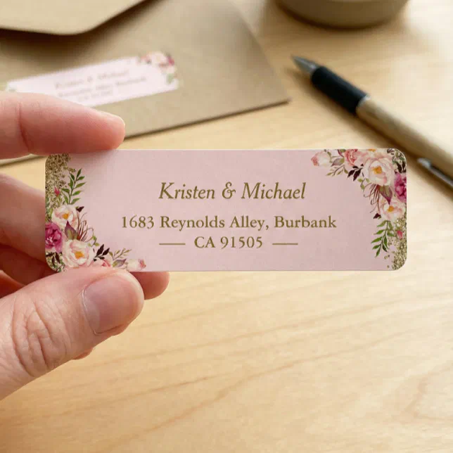 Modern Blush Pink Gold Glitter Floral Label | Zazzle