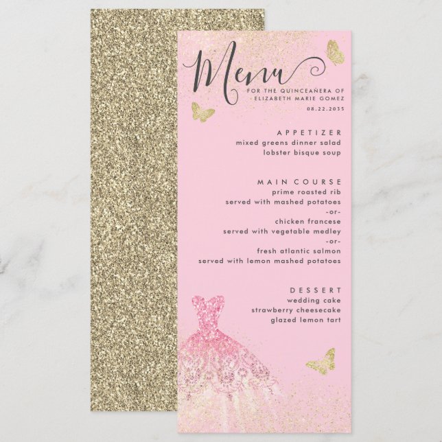 Modern Blush Pink Gold Glitter Gown Quinceanera Invitation (Front/Back)