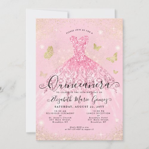 Modern Blush Pink Gold Glitter Gown Quinceanera Invitation