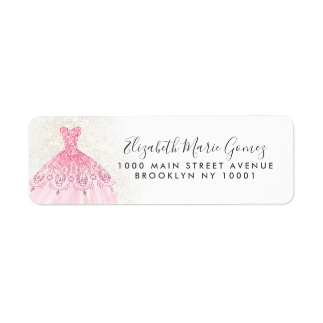 Modern Blush Pink Gold Glitter Gown Quinceanera Label (Front)