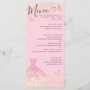 Modern Blush Pink Gold Glitter Gown Quinceanera Menu