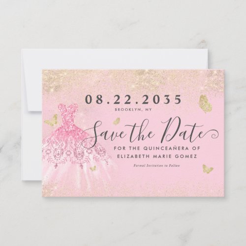 Modern Blush Pink Gold Glitter Gown Quinceanera Save The Date