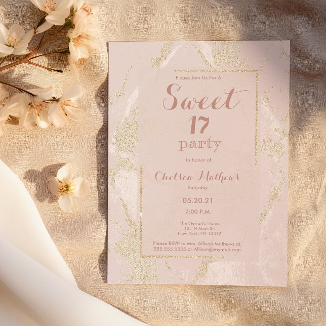 Modern blush pink gold glitter marble Sweet 17 Invitation (Modern blush pink gold glitter marble Sweet 17)