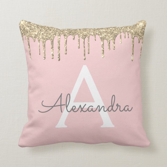 Modern Blush Pink Gold Glitter Monogram Name Throw Pillow 1860