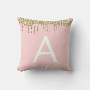 Modern Blush Pink Gold Glitter Monogram Name Throw Pillow