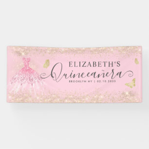 Modern Blush Pink Gold Gown Quinceañera Welcome Banner