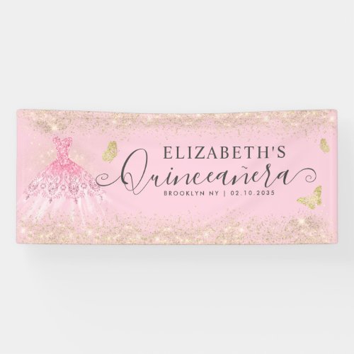 Modern Blush Pink Gold Gown Quinceaera Welcome Banner