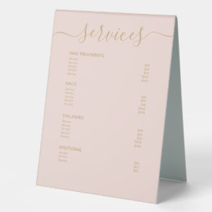 Modern Blush Pink Gold Hair Stylist Spa Price List Table Tent