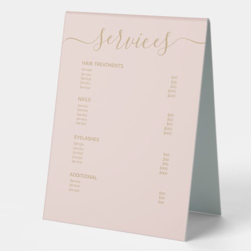 Modern Blush Pink Gold Hair Stylist Spa Price List Table Tent Sign