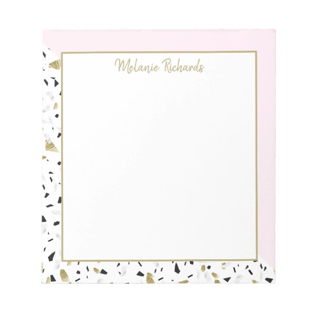 Modern Blush Pink Gold Marble Terrazzo Pattern Notepad (Front)