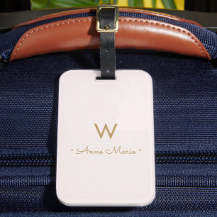 Modern Blush Pink Gold Minimalist Monogram Luggage Tag