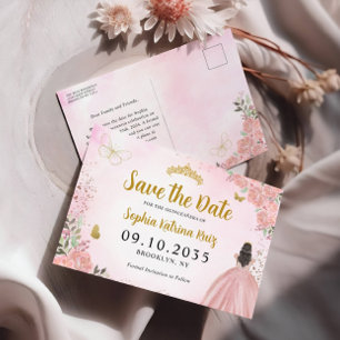 Modern Blush Pink Gold Quinceanera Save the Date Postcard