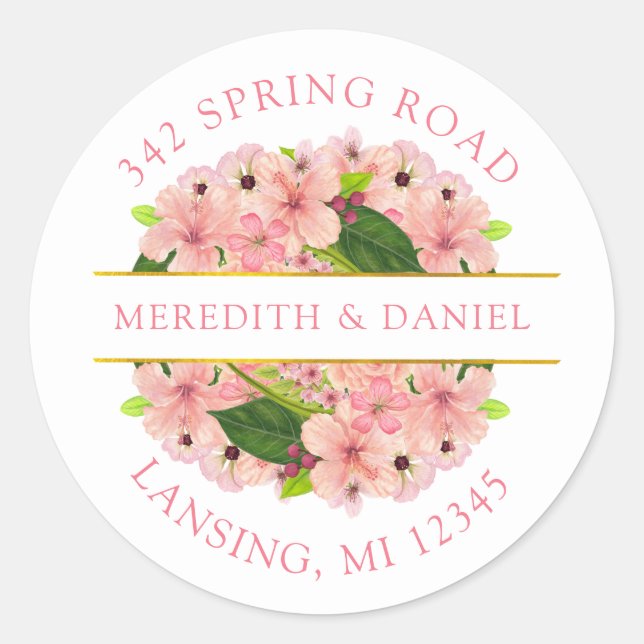 Modern Blush Pink Gold Return Address   Classic Round Sticker (Front)