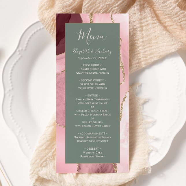 Modern Blush Pink Gold Sage Green Agate Wedding Menu (Creator Uploaded)