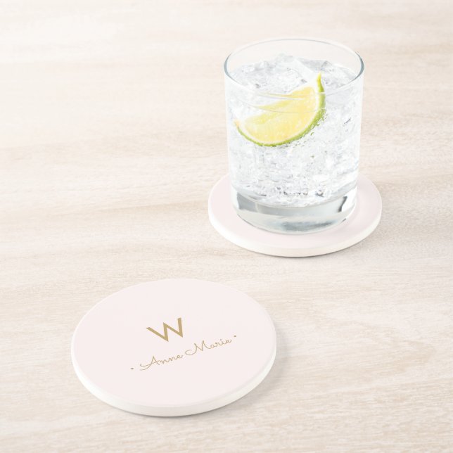 Modern Blush Pink Gold Script Monogram Coaster (Side)