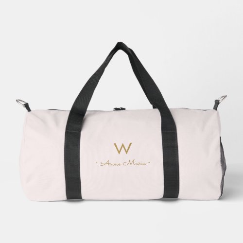 Modern Blush Pink Gold Script Monogram Duffle Bag