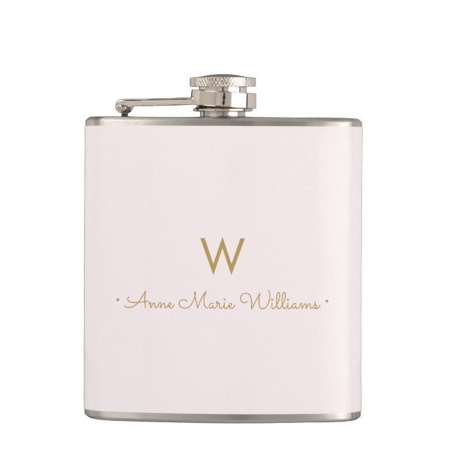Modern Blush Pink Gold Script Monogram Flask (Front)