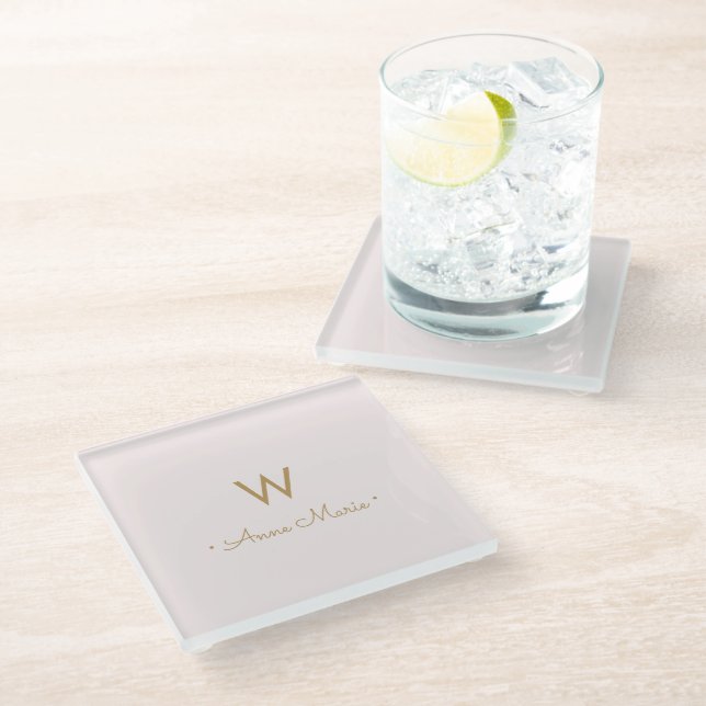 Modern Blush Pink Gold Script Monogram Glass Coaster (Angled)