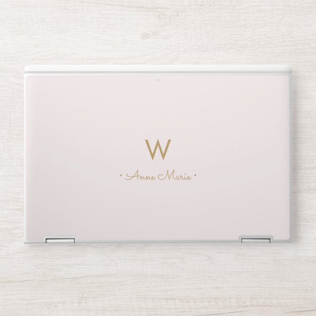 Modern Blush Pink Gold Script Monogram HP Laptop Skin (Front)