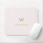 Modern Blush Pink Gold Script Monogram Mouse Pad<br><div class="desc">A modern,  elegant monogram design with gold handwritten minimalist script typography and sans serif block typography on an elegant pale pastel blush pink background. The monogram and name can be easily personalized.</div>