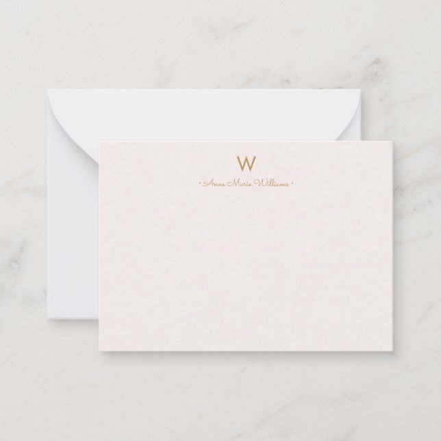 Modern Blush Pink Gold Script Monogram Note Card (Front)