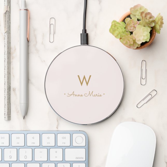 Modern Blush Pink Gold Script Monogram Wireless Charger (Desk)