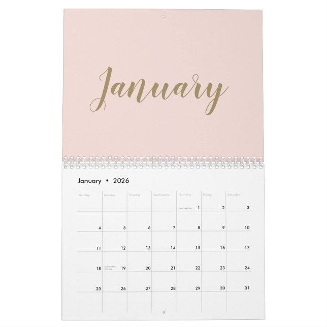 Modern blush pink gold script month girly chic calendar (Jan 2026)