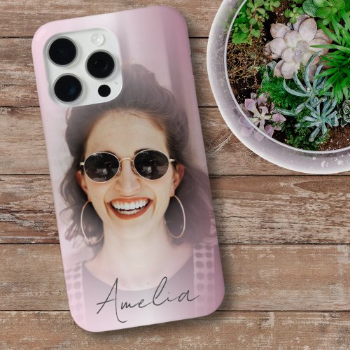 Modern Blush Pink Gradient One Photo Your Name iPhone 15 Pro Max Case