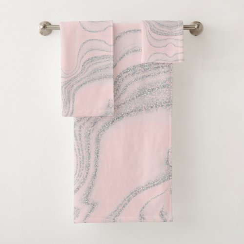Modern blush pink gray abstract marble pattern bath towel set