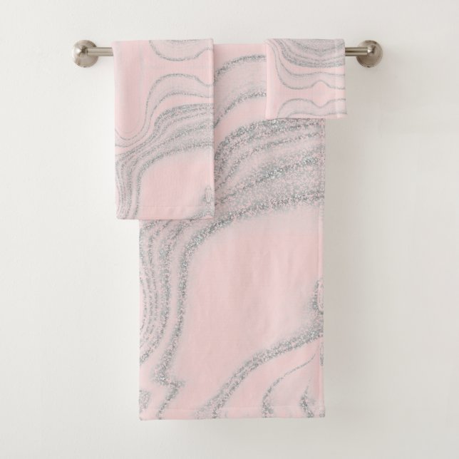 Modern blush pink gray abstract marble pattern bath towel set (Insitu)