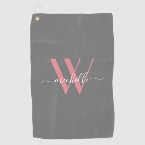 Modern Blush Pink Gray Monogram Stylish Name Golf Towel