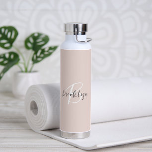 Modern Blush Pink Gray Script Monogram Name Water Bottle