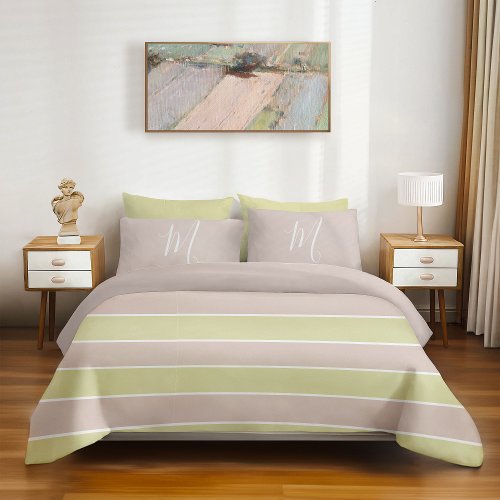 Modern Blush Pink Green Stripes Pattern Duvet Cover