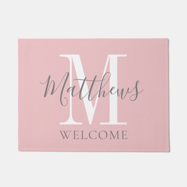 Modern Blush Pink Grey Monogram Newlyweds Wedding Doormat (Front)