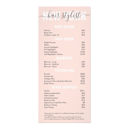 Modern blush pink hair stylist script price list rack card